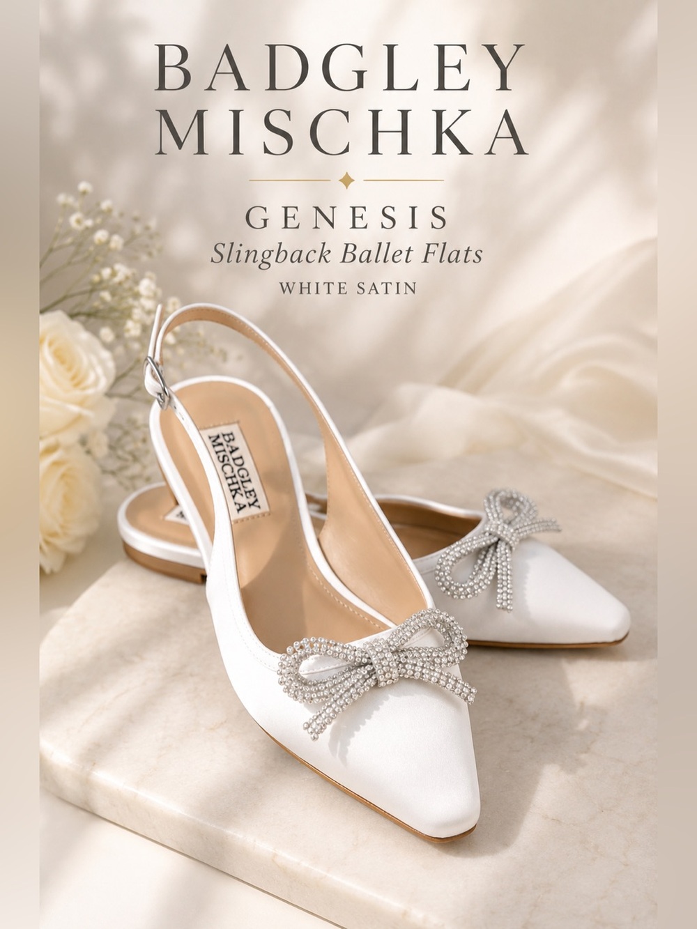 Badgley Mischka Genesis Crystal Bow Slingback Ballet Flats White Satin 8.5